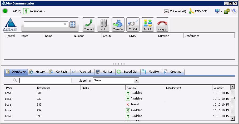 Overview of the Main Window Once you log in to MaxCommunicator, the main window appears, providing tools to manage and monitor calls, and to facilitate management of your personal contacts.