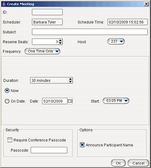 The options in the middle panel change, depending on the frequency you select Handling Calls The following parameters apply to all meetings: Parameter ID Scheduler Schedule Time Subject Description