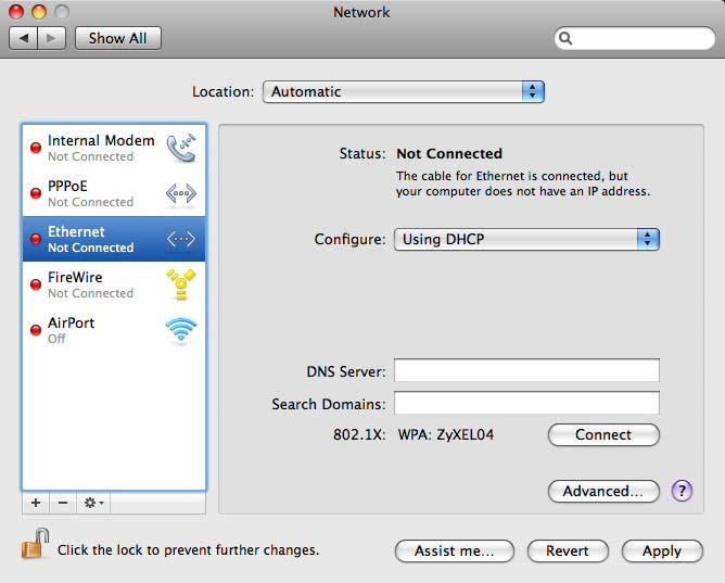 3 When the Network preferences pane opens, select Ethernet from the list of