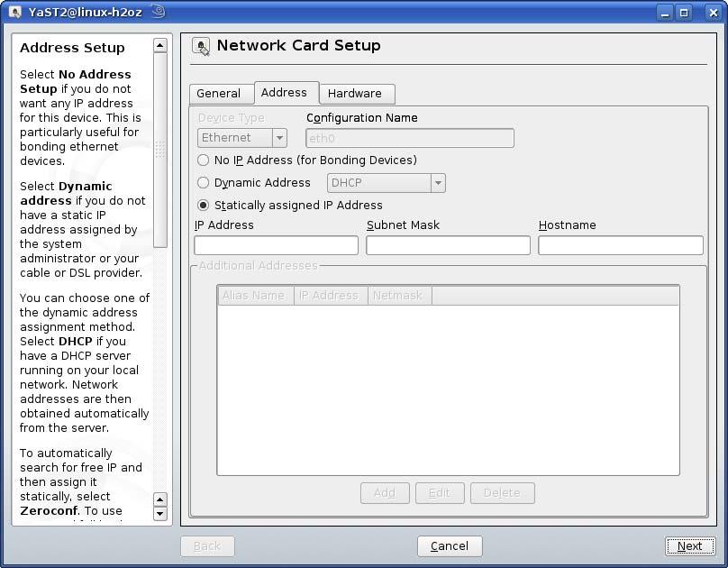 Appendix C Setting Up Your Computer s IP Address 5 When the Network Card Setup window opens, click the Address tab Figure 157 opensuse 10.