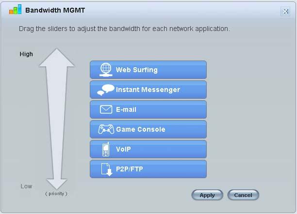 Chapter 6 Easy Mode The NBG-419N uses bandwidth management for incoming and outgoing traffic. Rank the services and applications by dragging them accordingly from High to Low and click Apply.