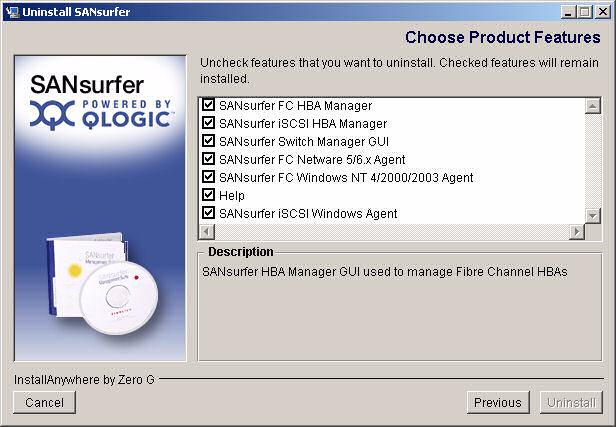 5 Installing ANsurfer FC HBA Manager Uninstalling ANsurfer Figure 5-25 Uninstall ANsurfer: Choose Product Features The uninstaller s Choose Product Features dialog box differs, depending on whether