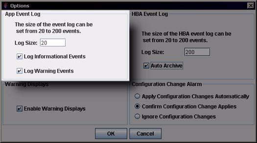 A 6 Getting tarted etting the HBA Event Log Option Figure 6-8 Options Dialog Box: App Event Log 2. Under App Event Log, type the number of events that the event log can list in the Log ize box.