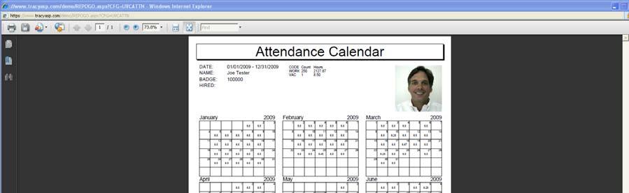 Print Function (Attendance Calendar) Selecting the print tool button will display an