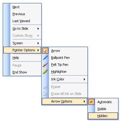Slide Show Options 1. While in Slide Show view, move your mouse so that your pointer appears. 2. Click the button in the bottom left corner. A menu with several options will appear.