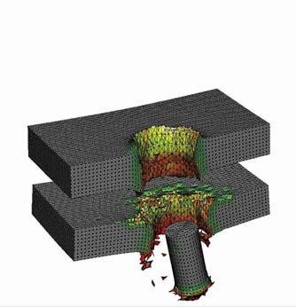 Typically, the simulation involves localized stress-strain finite element calculations over the entire mesh together with a much more complex contact detection phase over the restricted areas of