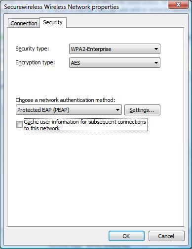Select the Security Tab Security Type should be WPA2-Enterprise Encryption type should be AES Network authentication method should be PEAP The Cache user information checkbox should be