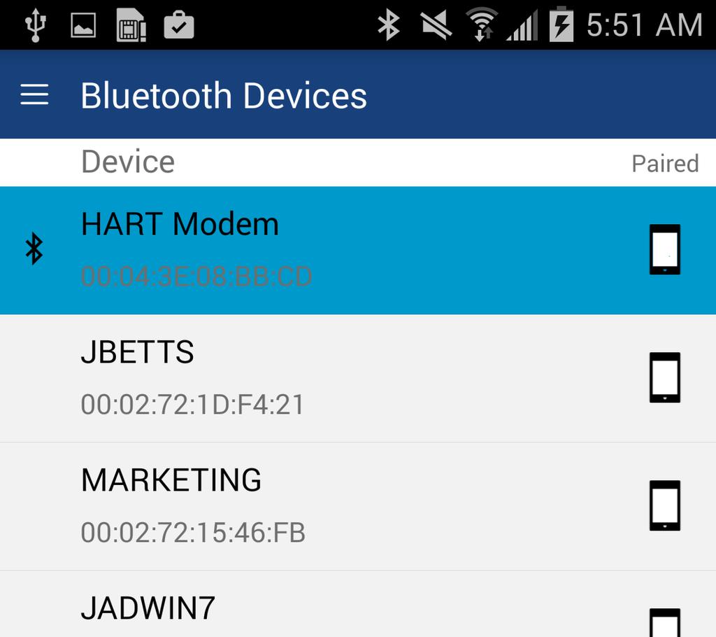 2 Tapping the current HART Modem will restart the connection. 3 Tapping Scan will look for nearby Bluetooth devices. 4 Tapping Disconnect will remove the connection to the current HART Modem. 6.5.