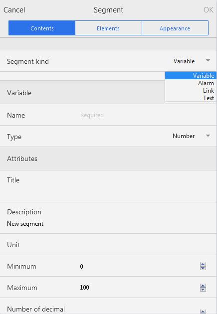 Asix Mobile 8.2. Segment Editing The segment editor consist of three tabs: Contents, Elements and Appearance, Ok and Cancel buttons are also available. Fig.