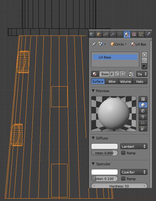 Go to the Material buttons. Select New and name the material LH Base. Change the Specular Intensity setting down to 0.1.