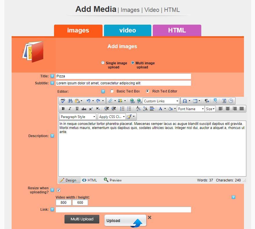 5.2.2. MULTI IMAGE UPLOAD If necessary, fill out the Title, Subtitle & Description fields.