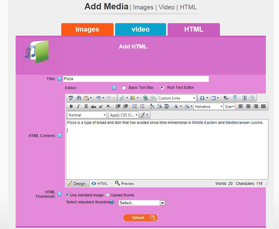 4.4. ADDING HTML CONTENT To add HTML to the List, click the HTML tab in the Add Media panel. If necessary, add a title.