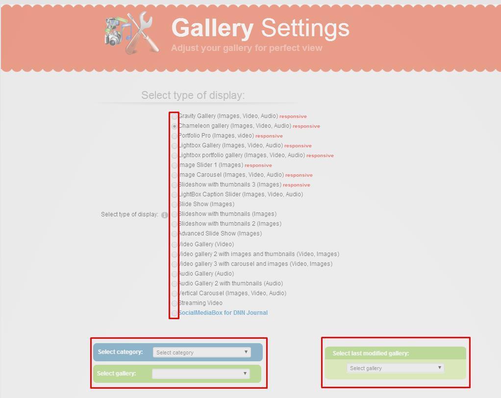 3.3 SETTING UP THE DISPLAY IN GALLERY SETTINGS In order for your instance to actually display something, it is necessary to select one of the galleries where images have been added, then select the