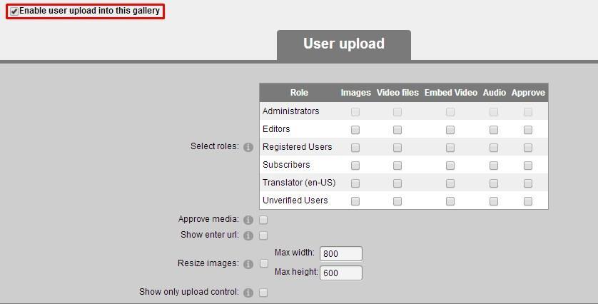 8. USER UPLOAD User upload option allows users to upload items into the instance of the module placed on the page. Not all types of galleries support User upload.