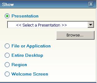 Showing a PowerPoint Presentation Moderators can easily show a PowerPoint presentation to participants using the web. DURING THE MEETING 1 In the Show panel, select Presentation.