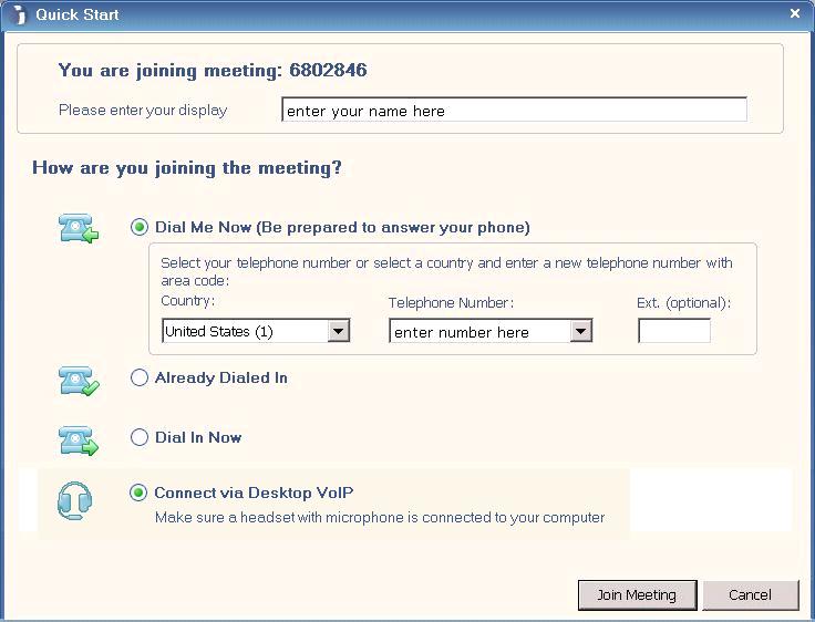 Join a Meeting PARTICIPANTS 1 To join a meeting, click the Genesys Meeting Center desktop icon located in your taskbar and select Join