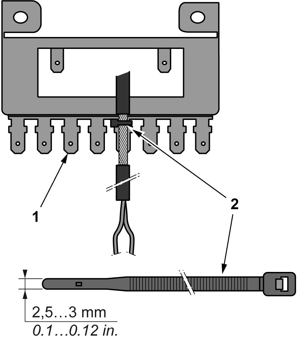 HMISCU System General Implementation Rules Step Description 3 Tightly clamp on the blade connector (1) using nylon fastener (2) (width 2.5...3 mm (0.1...0.12 in.)) and appropriate tool.