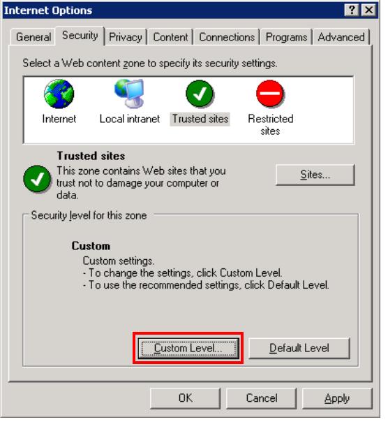3. On Security tab in the "Internet Options" window returned, see if a particular security setting for the "Trusted sites" zone is appropriate according to the sub-steps