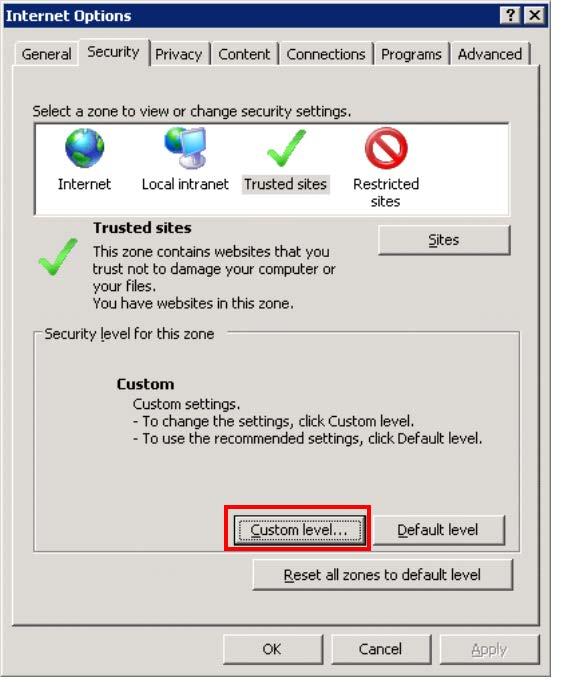 3. On Security tab in the "Internet Options" window returned, see if particular security settings for the "Trusted sites" zone are appropriate according to