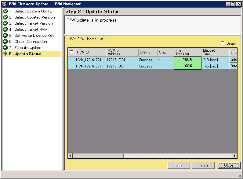 2. Status field shows "Success" and Step field shows "-" when firmware update execution is finished. Click Finish button when execution of firmware update on all HVMs are complete. 3.