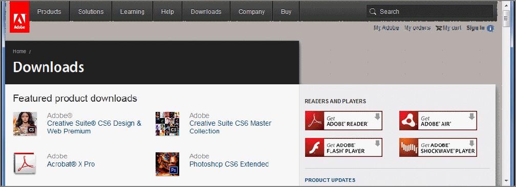 Lesson 5: Multimedia on the Web 5-13 Figure 5-3: Adobe Downloads page 3. Click the Get Adobe Flash Player button to display the Adobe Flash Player installation page.