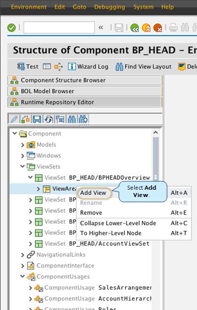 4. In the Runtime Repository Editor, Component directory, ViewSets directory, ViewSet BP_ HEAD/BPHeadOverview item, View Area item, select Add View. 5.