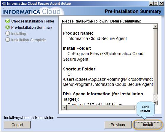 The Installing Informatica Cloud Secure Agent window displays the status of the