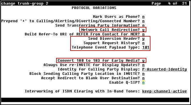 On Page 4, set Network Call Redirection field to Y to direct Communication Manager to use the SIP REFER message for transferring calls off-net to the PSTN. Set the Send Diversion Header field to y.