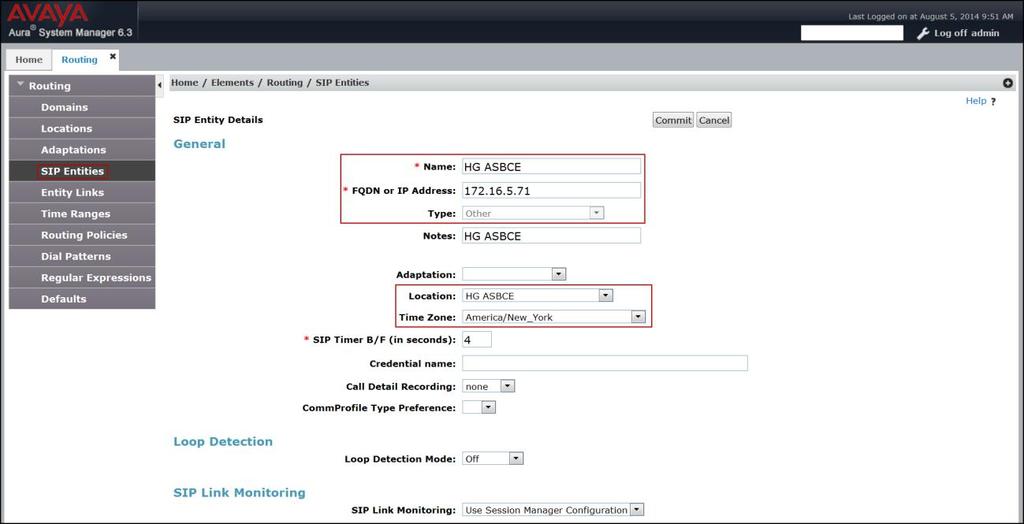 The following screen shows the addition of the SIP entity for the Avaya SBCE.