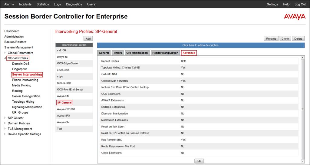 The following screen capture shows the Advanced tab of the newly created SP-General profile. 7.2.3.