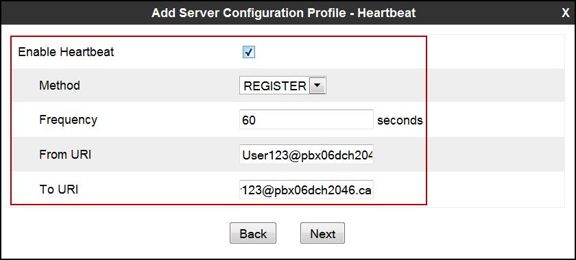 In the Heartbeat tab: Check the Enable Heartbeat box. Under Method, select REGISTER from the drop down menu.