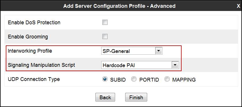 In the Advanced tab: Select SP-General from the Interworking Profile drop down menu.
