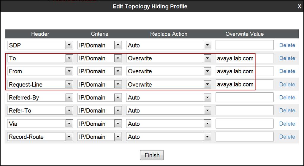 Click Edit on the newly added Session_Manager Topology Hiding profile. In the From choose Overwrite from the pull-down menu under Replace Action, enter the domain name for the enterprise (avaya.lab.