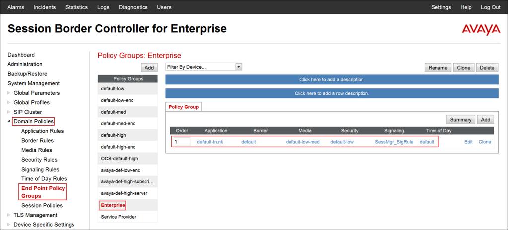 The following screen capture shows the newly created Enterprise End Point Policy Group. A second End Point Policy Group was created for the service provider.