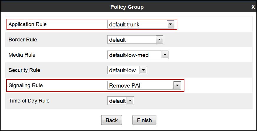 In the Policy Group tab, all fields used one of the default sets already pre-defined in the configuration, with the exception of the Signaling Rule, where the Remove PAI rule created in Section 7.3.