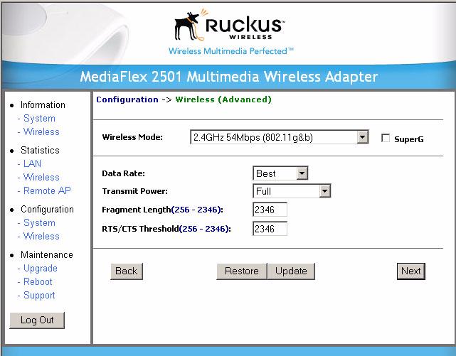 Configuring the MF2501 Adapter Advanced Wireless Configuration The Advanced Wireless Configuration menu is preconfigured with the optimum settings.
