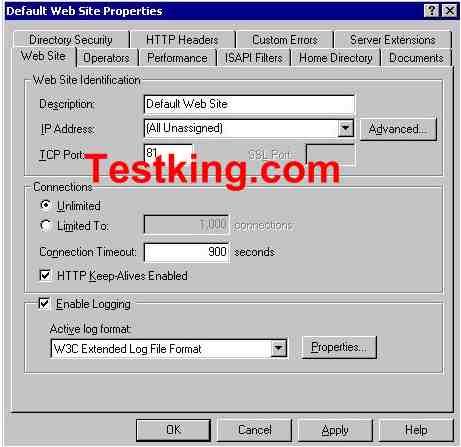 You examine the Web site properties on the Web server. The Default Web Site Properties dialog box of team.testking.com is shown in the exhibit.
