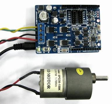 Connect the brush motor and motor power to the terminal block on SHIELD-MD10 as shown. Don t forget about the power source for the Arduino main board too.