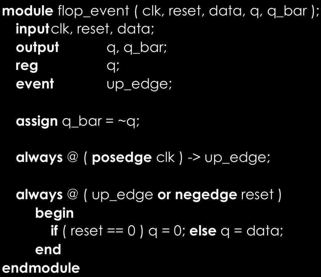 Example of Named Event module flop_event ( clk, reset, data, q, q_bar ); input clk, reset, data; output q, q_bar; reg q; event up_edge;