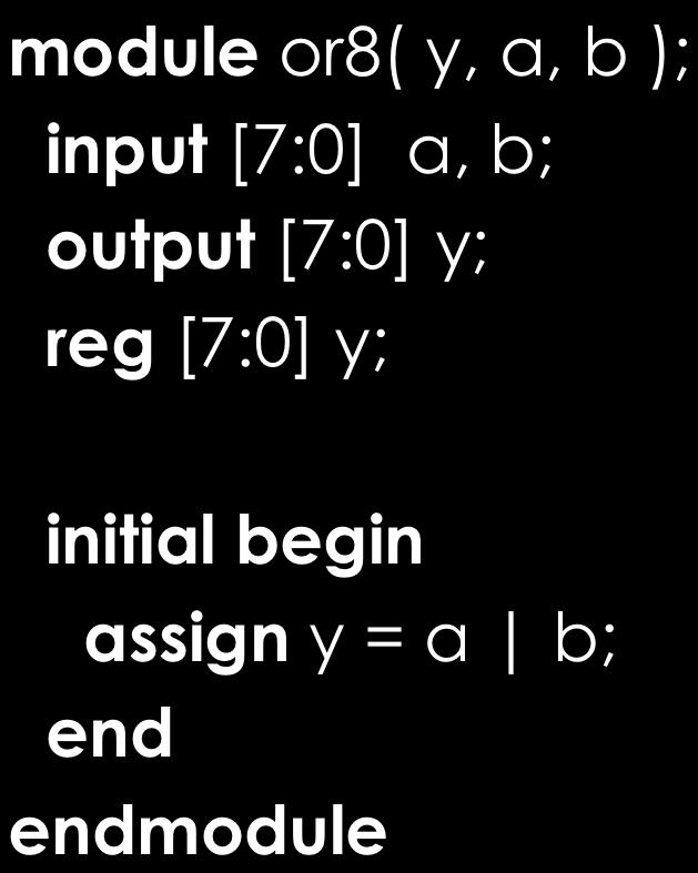 Be Cautious module or8( y, a, b ); input [7:0] a, b; output [7:0] y; reg [7:0] y; initial assign y = a b; module v