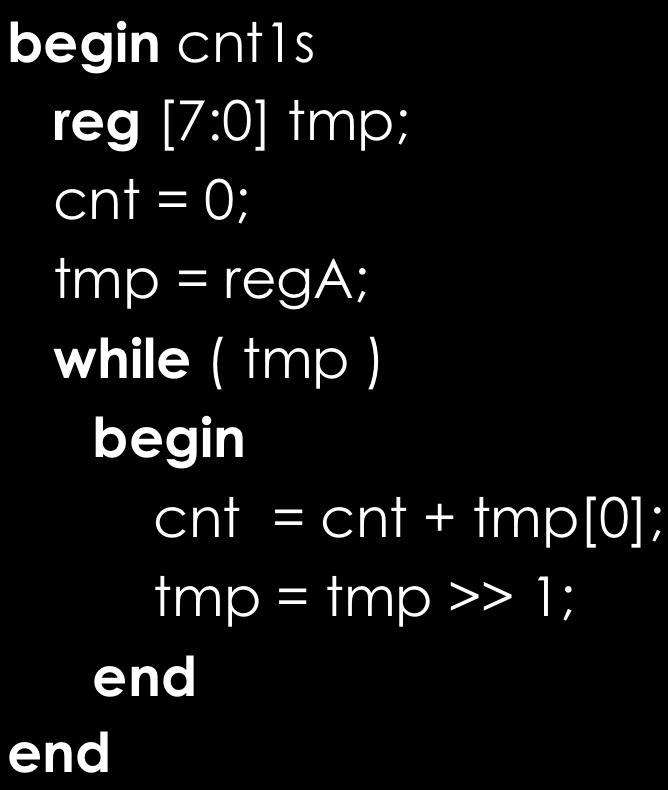 The while Loop cnt1s reg [7:0] tmp; cnt = 0; tmp = rega; while