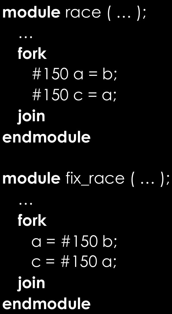 synthesis For simulation in testbench module race ( ); fork #150 a = b; #150