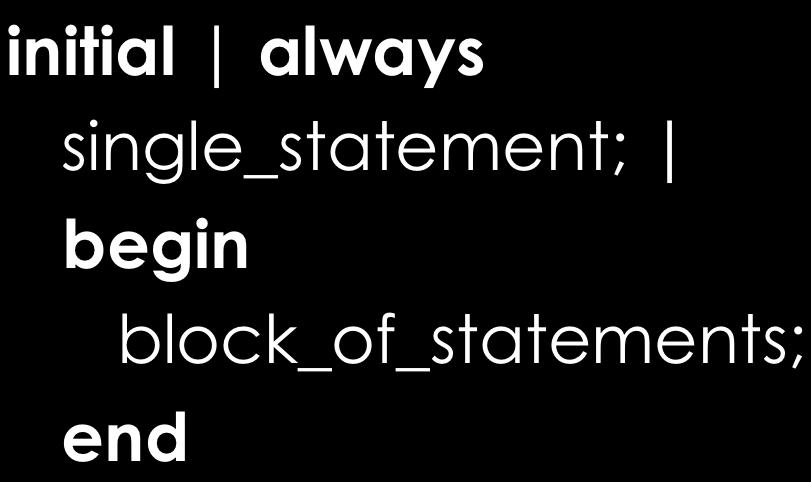 Behavioral Statements initial always single_statement; block_of_statements; v initial o Activated from t sim = 0 o Executed