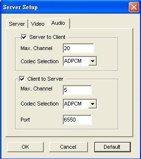 Chapter 7 WebCam System WebCam Server Setup - Audio Click on the [Audio] tab in the Server Setup dialog box to access WebCam Audio Setup.