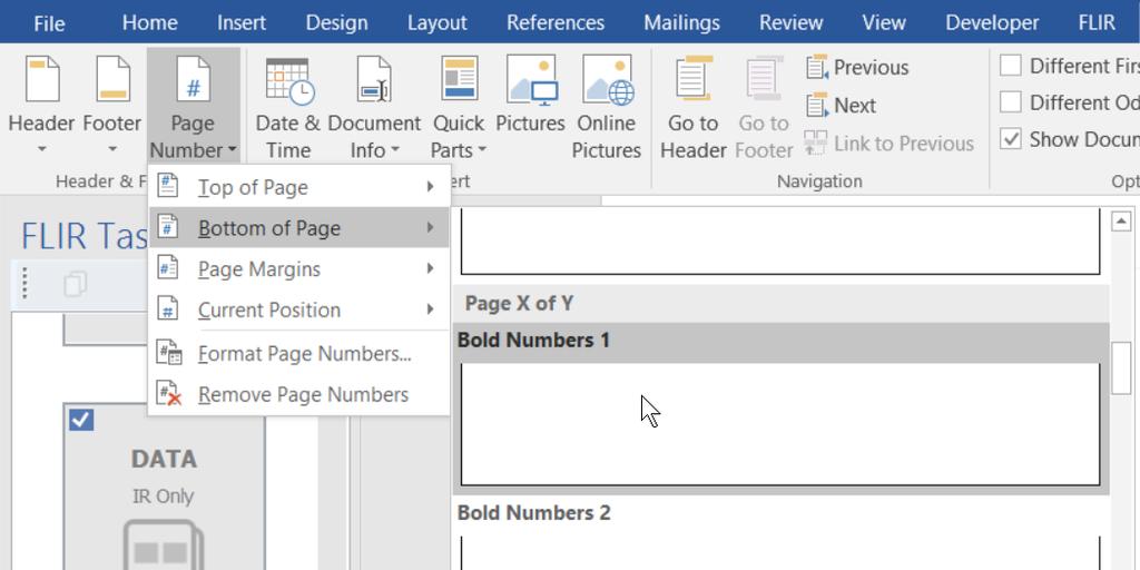 From the Design tab, click the Page Number button. Select Bottom of Page, and then choose the desired format. For this example, let s use something from the Page X of Y section.