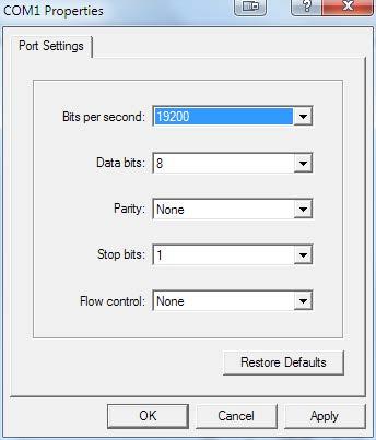 Choose 19200 from the Bits per second drop-down menu. Set Data bits to 8. Set Parity to None. Choose 1 from the Stop bits drop-down menu. Set Flow Control to None.
