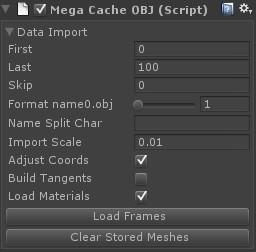 Using the system is very simple, go to the GameObject/Create Other/MegaCache menu and select the OBJ Cache option, this will create a new game object in the scene for you with the required components