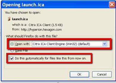 Problems that can occur when using Citrix applications 5.5 In Firefox the dialog Opening launch.ica appears If you want to start an application with the Firefox Browser, following dialog can appear.