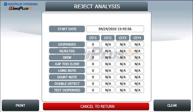 5. Operator Function 5.5.5 REJECT ANALYSIS REJECT ANALYSIS menu offers a statistics of note reject on an ATM machine. It lists the rejects by the number of times or note counts they occurred.