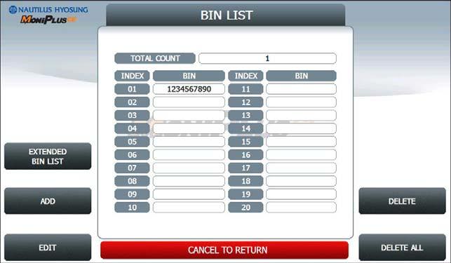 5. Operator Function 5.7.2. BIN(Bank Identification Number) LIST The BIN LIST is used to register the bank identification number.